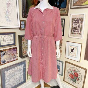 80s Vintage Sears Red Gingham Shirt Dress with Cropped Sleeve and White Collar